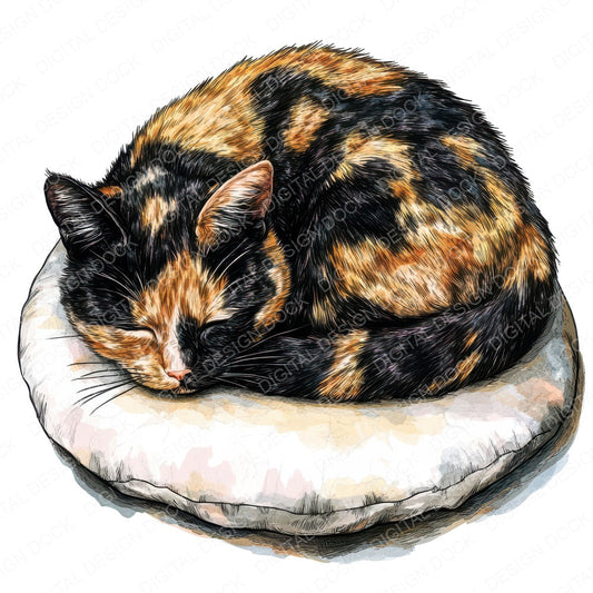 Tortoiseshell Cat on Cushion fussy cut sheet in A4 format showing all 12 designs on one printable page