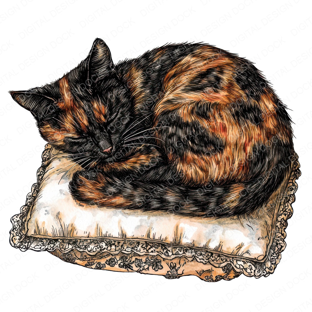 Tortoiseshell Cat on Cushion fussy cut sheet in US Letter format showing all 12 designs on one printable page