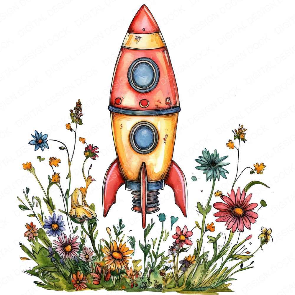 Toy Rocket in Wildflowers fussy cut sheet in A4 format showing all 12 designs on one printable page