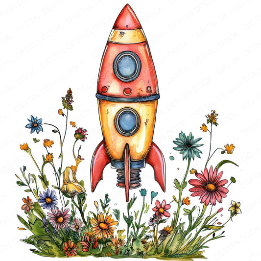 Toy Rocket in Wildflowers fussy cut sheet in A4 format showing all 12 designs on one printable page