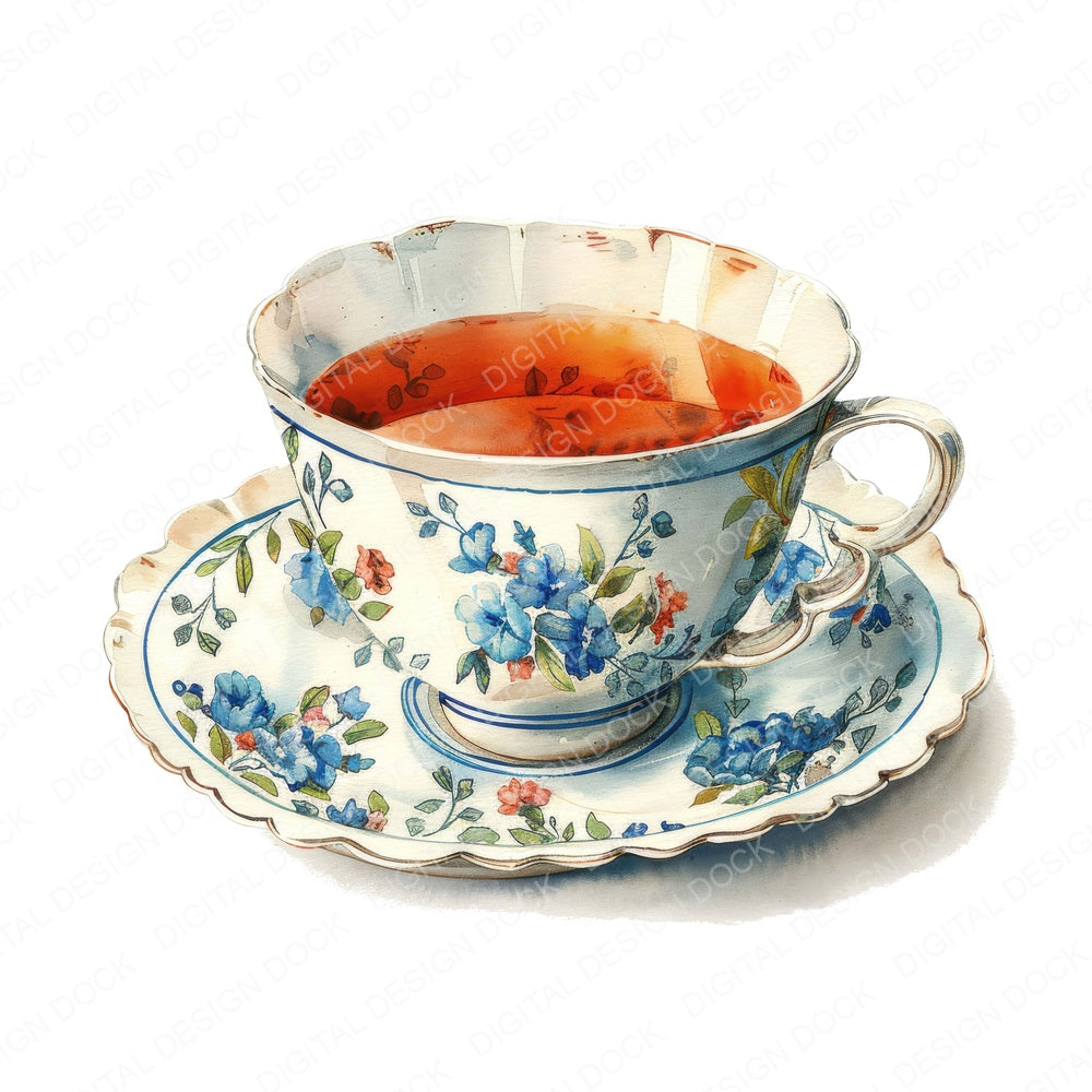 Traditional Tea Cup and Saucer fussy cut sheet in A4 format showing all 12 designs on one printable page