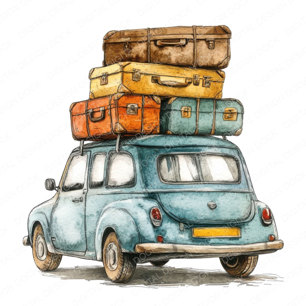 Travel Car Loaded with Suitcases fussy cut sheet in A4 format showing all 12 designs on one printable page