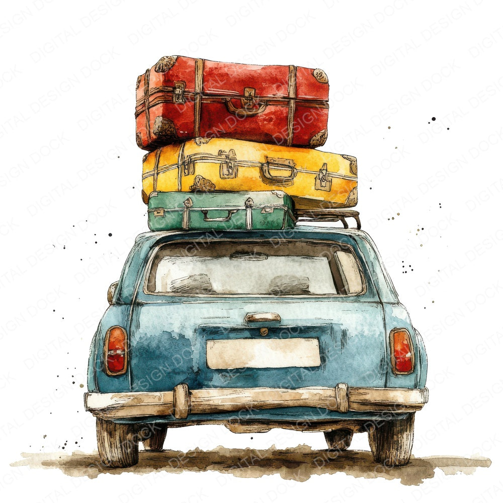 Travel Car Loaded with Suitcases fussy cut sheet in US Letter format showing all 12 designs on one printable page