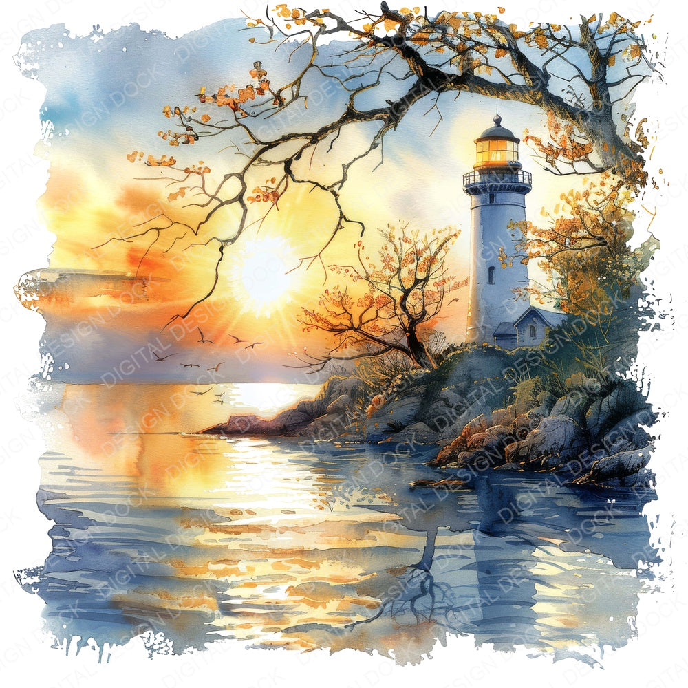 Tree Framed Lighthouses fussy cut sheet in A4 format showing all 12 designs on one printable page