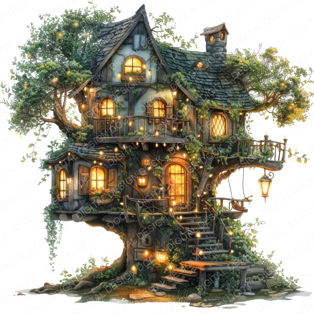 Tree House with Fairy Lights fussy cut sheet in A4 format showing all 12 designs on one printable page