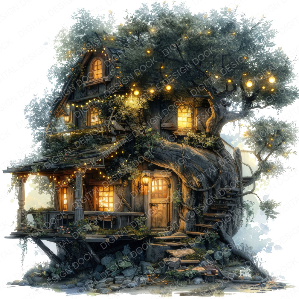 Tree House with Fairy Lights fussy cut sheet in US Letter format showing all 12 designs on one printable page
