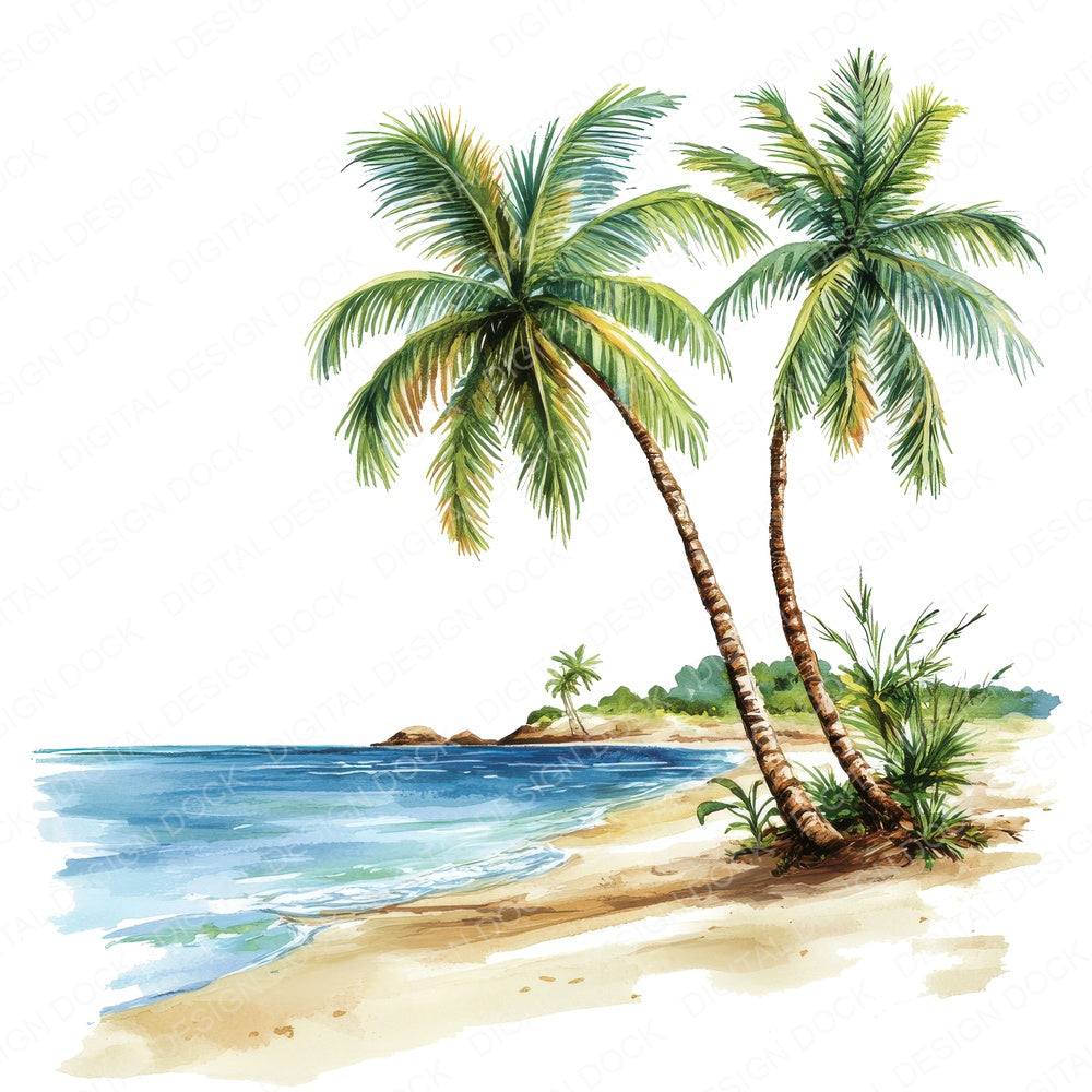 Tropical Beach Scene fussy cut sheet in A4 format showing all 12 designs on one printable page