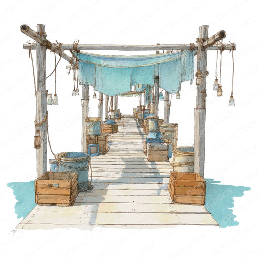 Tropical Fishing Pier fussy cut sheet in A4 format showing all 12 designs on one printable page