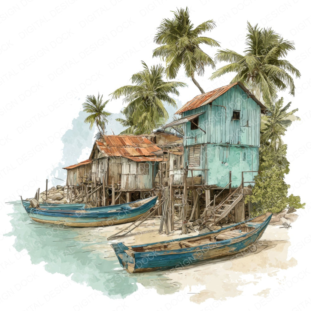 Tropical Fishing Village fussy cut sheet in A4 format showing all 12 designs on one printable page