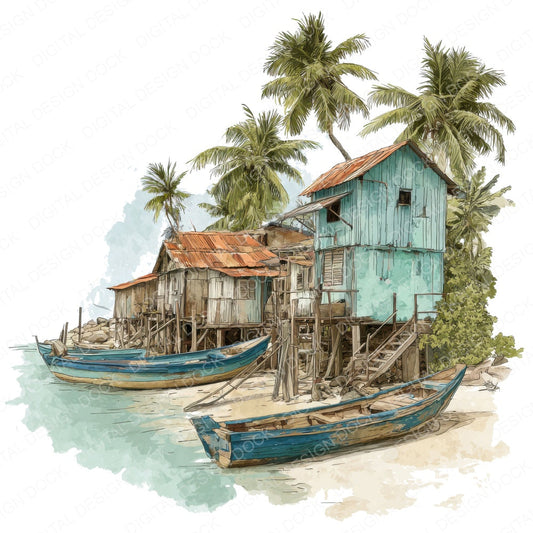 Tropical Fishing Village fussy cut sheet in A4 format showing all 12 designs on one printable page
