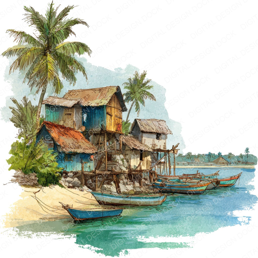 Tropical Fishing Village fussy cut sheet in US Letter format showing all 12 designs on one printable page