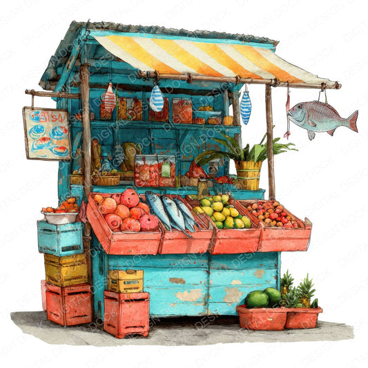 Tropical Market Stall fussy cut sheet in A4 format showing all 12 designs on one printable page