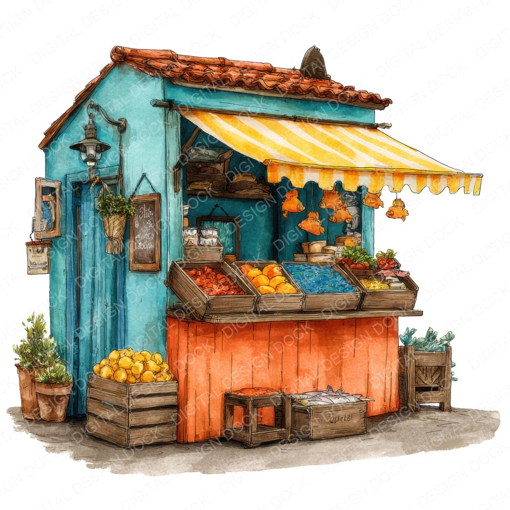 Tropical Market Stall fussy cut sheet in US Letter format showing all 12 designs on one printable page