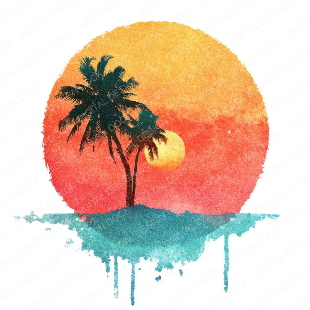 Tropical Palm Sunset Scene fussy cut sheet in US Letter format showing all 12 designs on one printable page