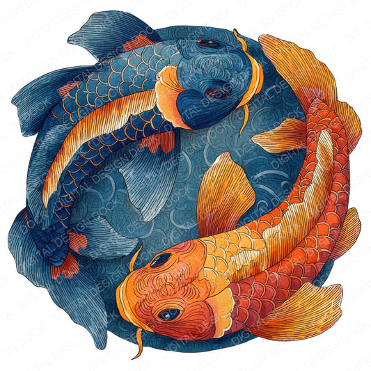 Twin Folk Koi Carp fussy cut sheet in A4 format showing all 12 designs on one printable page