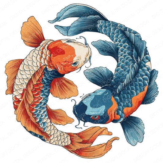 Twin Folk Koi Carp fussy cut sheet in US Letter format showing all 12 designs on one printable page