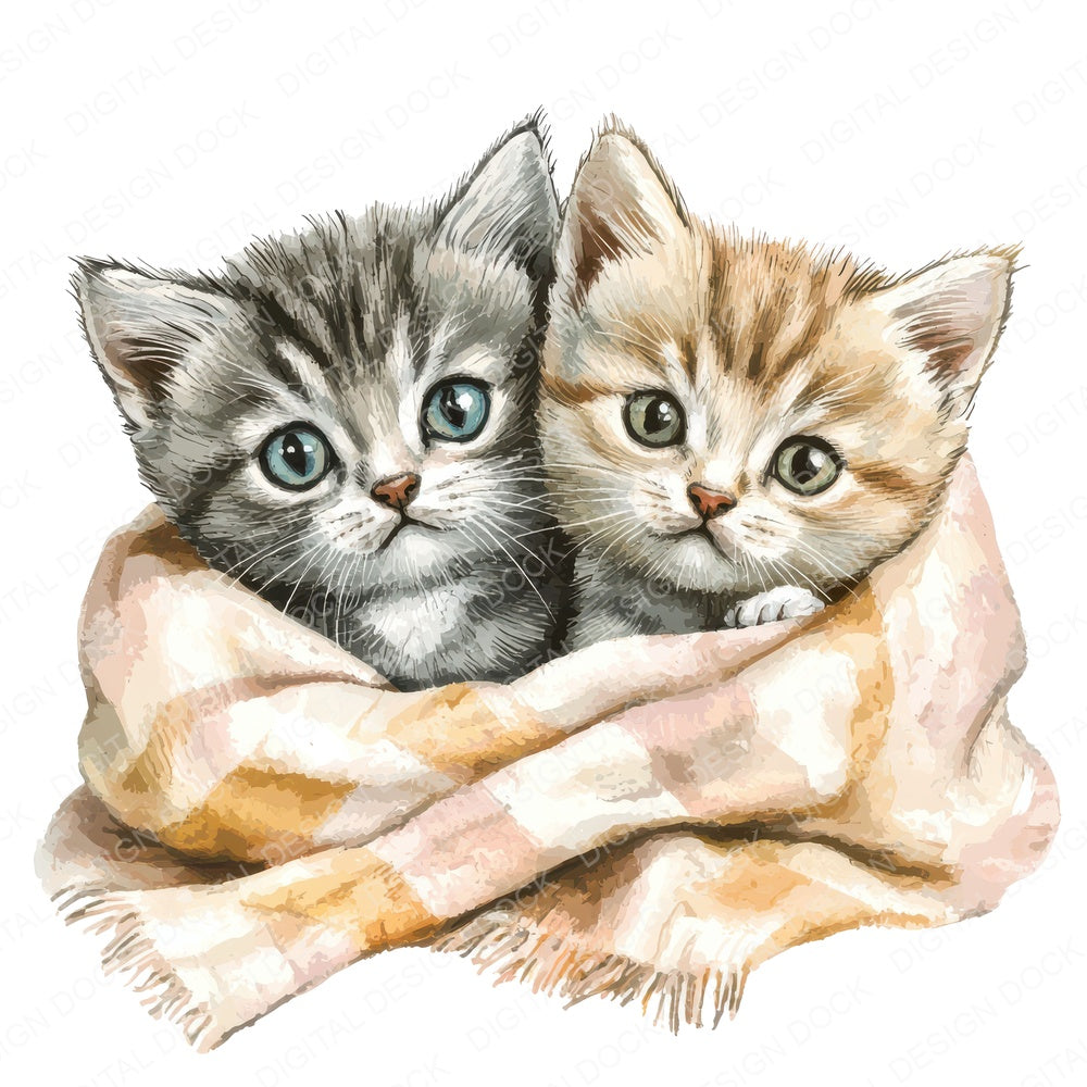 Two Kittens in Blanket fussy cut sheet in A4 format showing all 12 designs on one printable page