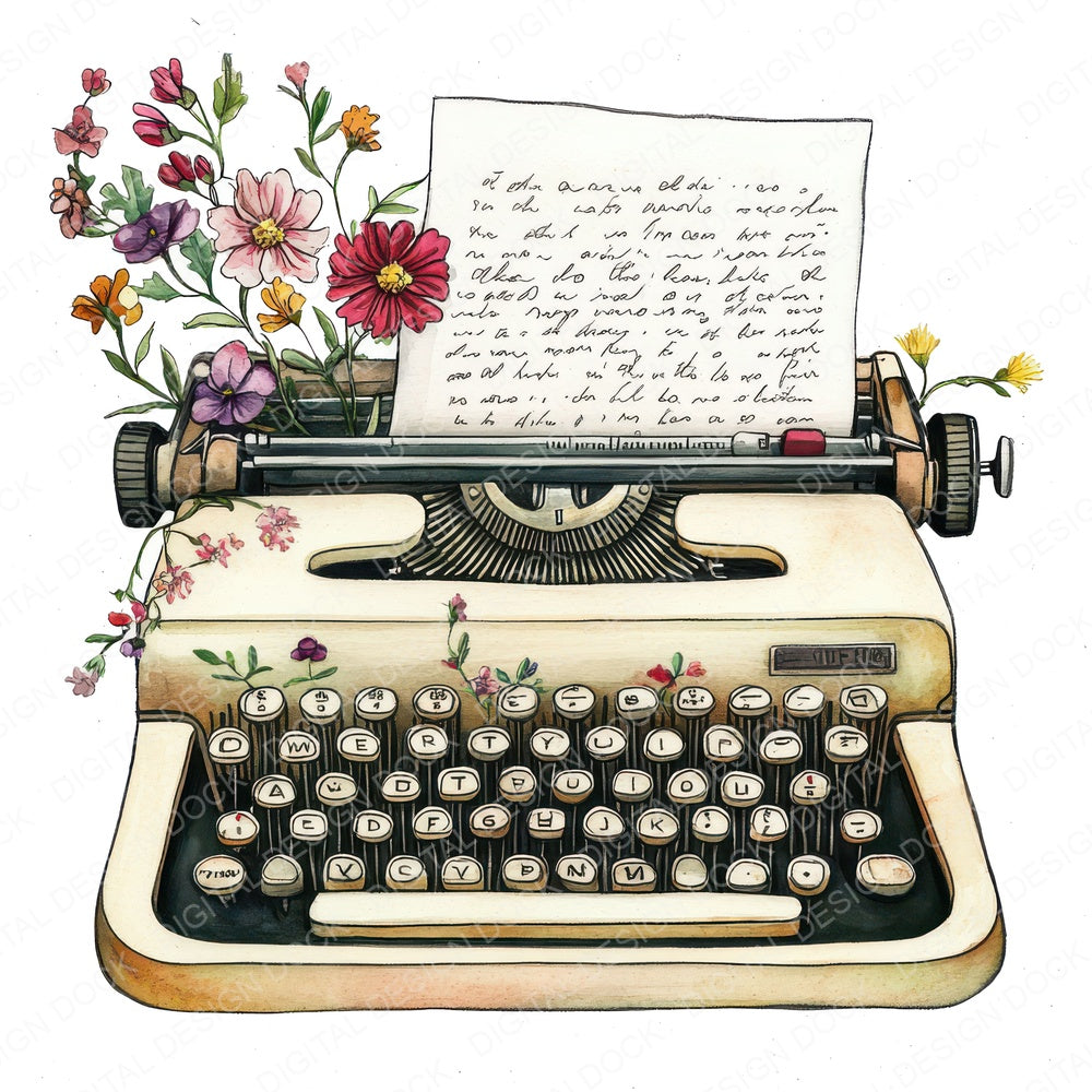 Typewriter with Blooming fussy cut sheet in A4 format showing all 12 designs on one printable page