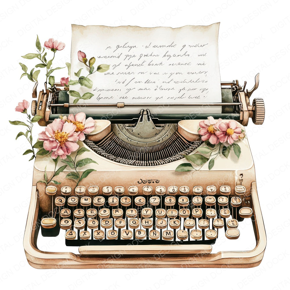 Typewriter with Blooming fussy cut sheet in US Letter format showing all 12 designs on one printable page