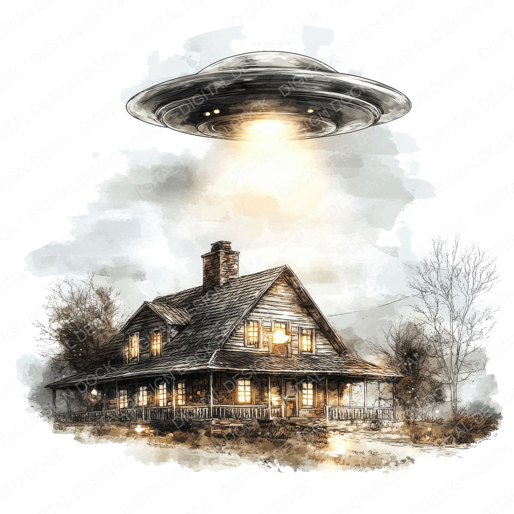UFO Over Farmhouse fussy cut sheet in A4 format showing all 12 designs on one printable page