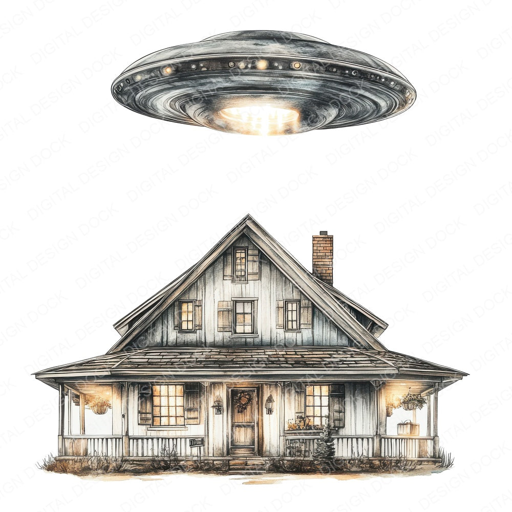 UFO Over Farmhouse fussy cut sheet in US Letter format showing all 12 designs on one printable page