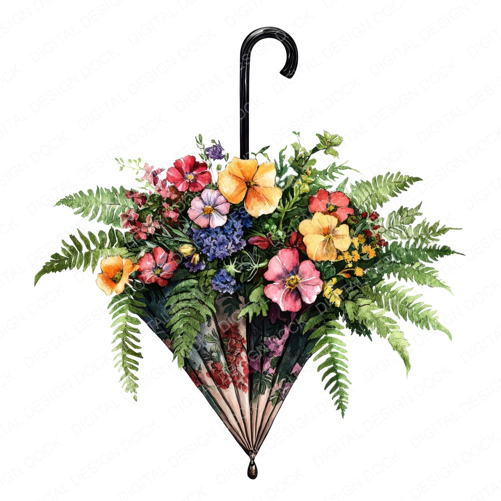 Umbrella Planter of Flowers fussy cut sheet in A4 format showing all 12 designs on one printable page