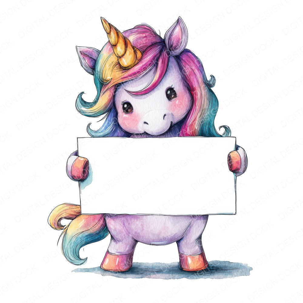 Unicorn Holding Blank Banner fussy cut sheet in A4 format showing all 12 designs on one printable page