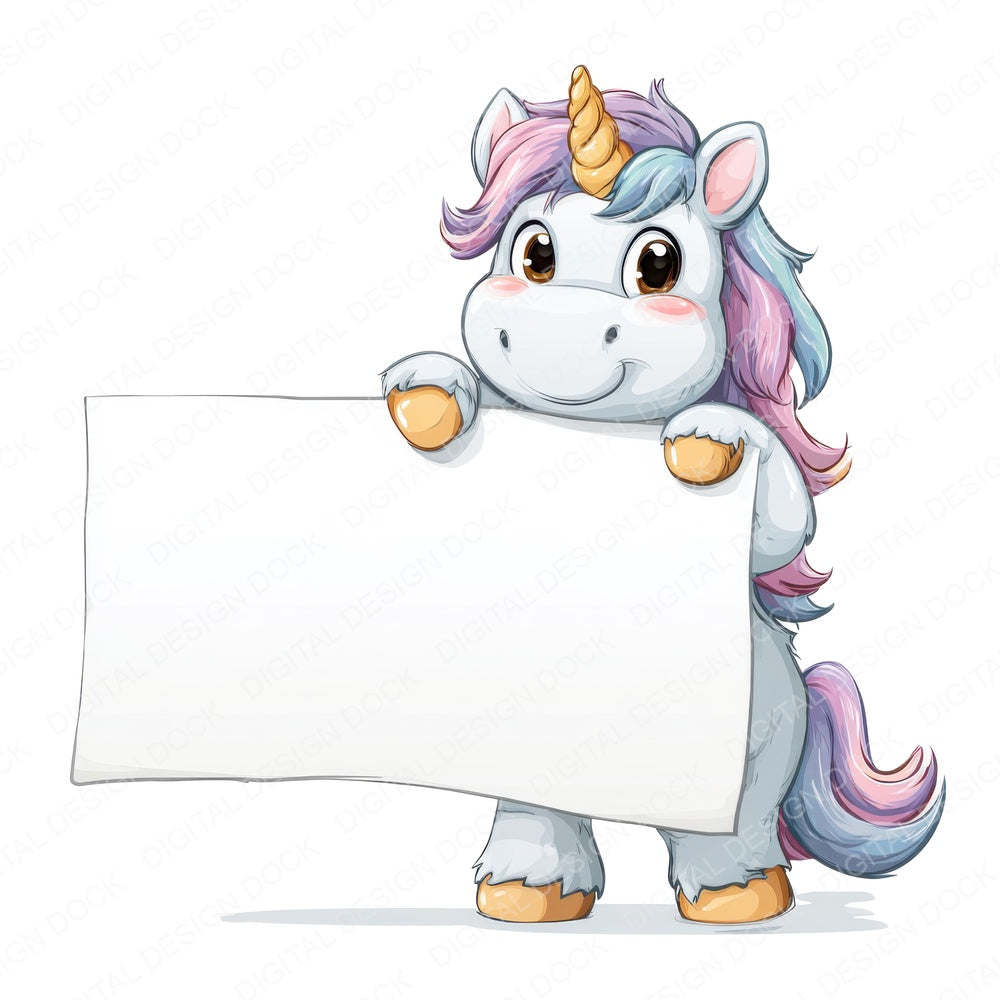 Unicorn Holding Blank Banner fussy cut sheet in US Letter format showing all 12 designs on one printable page