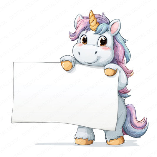 Unicorn Holding Blank Banner fussy cut sheet in US Letter format showing all 12 designs on one printable page