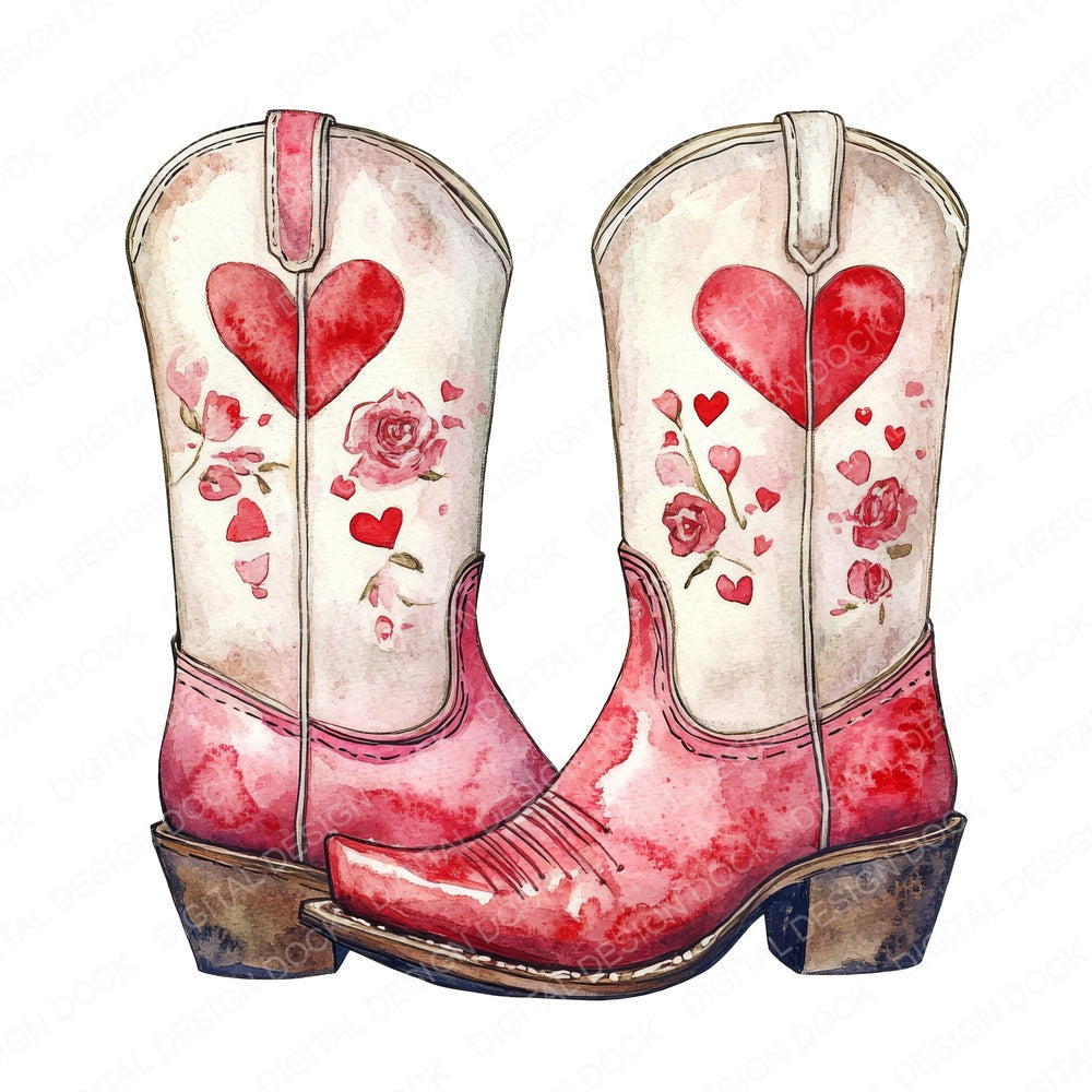 Valentines Themed Cowboy Boots fussy cut sheet in A4 format showing all 12 designs on one printable page