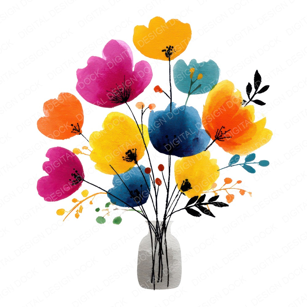 Vase Summer Flower Bouquet fussy cut sheet in US Letter format showing all 12 designs on one printable page