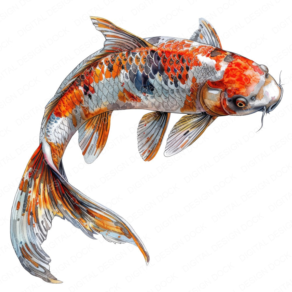 Vibrant Koi Fish fussy cut sheet in A4 format showing all 12 designs on one printable page