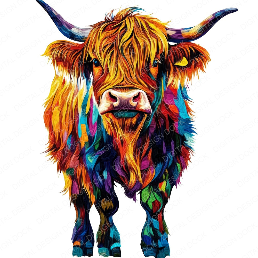 Vibrant Oil Paint Highland Cow fussy cut sheet in A4 format showing all 12 designs on one printable page