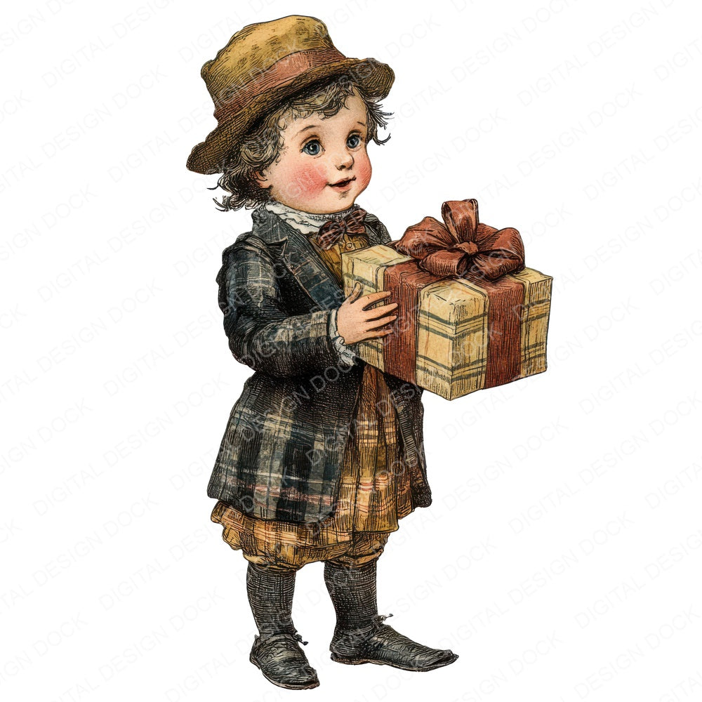 Victorian Boy Holding Gift fussy cut sheet in A4 format showing all 12 designs on one printable page