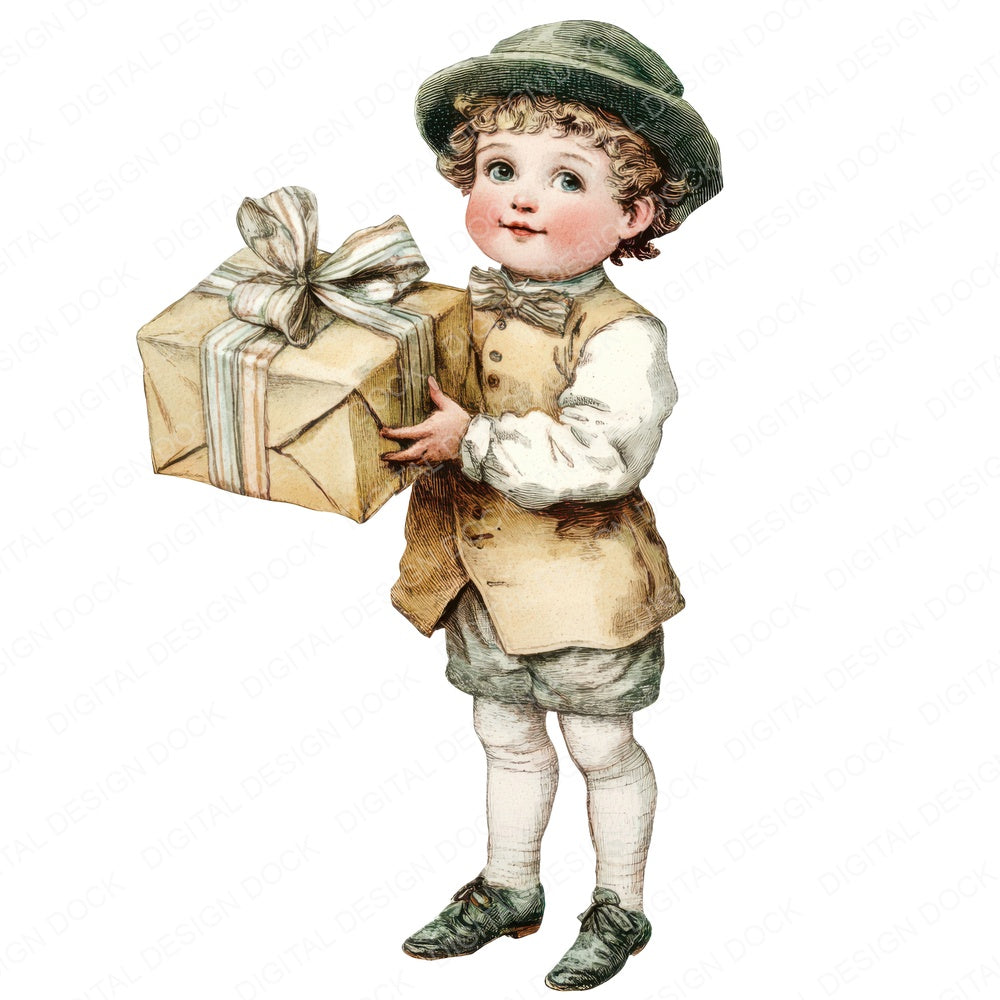 Victorian Boy Holding Gift fussy cut sheet in US Letter format showing all 12 designs on one printable page