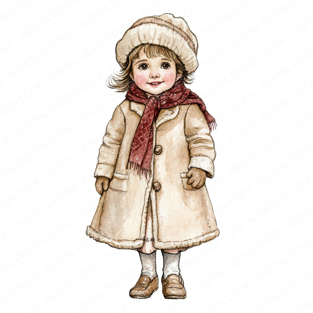 Victorian Child in Winter Coat fussy cut sheet in A4 format showing all 12 designs on one printable page