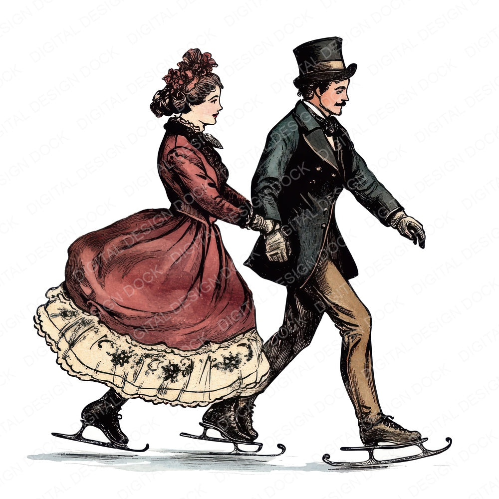Victorian Couple Ice Skating fussy cut sheet in A4 format showing all 12 designs on one printable page