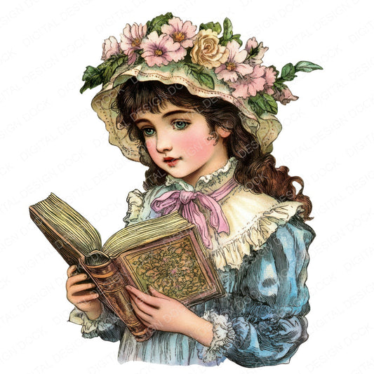 Victorian Girl with Bonnet fussy cut sheet in US Letter format showing all 12 designs on one printable page