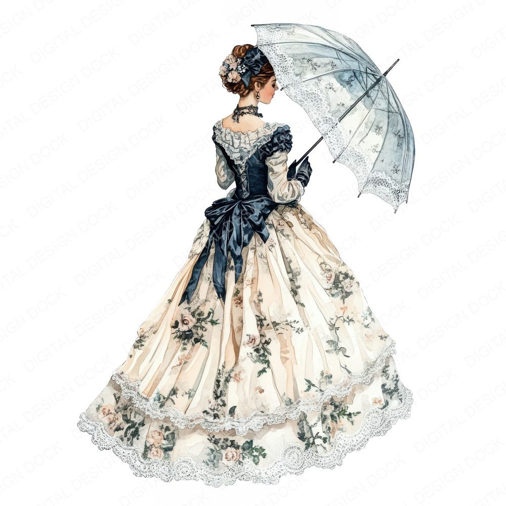 Victorian Lady with Lace Umbrella Clipart Set (DDD006823)