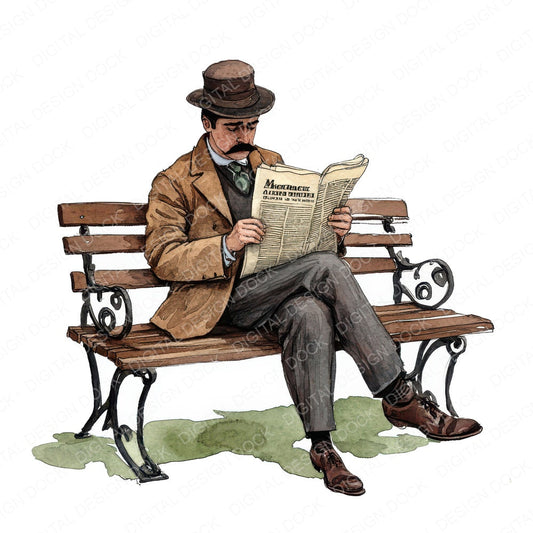 Victorian Man Reading Newspaper fussy cut sheet in US Letter format showing all 12 designs on one printable page