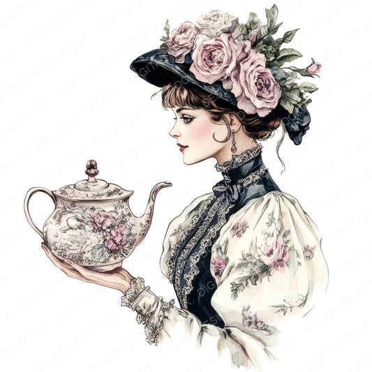 Victorian Woman Floral Teapot fussy cut sheet in A4 format showing all 12 designs on one printable page