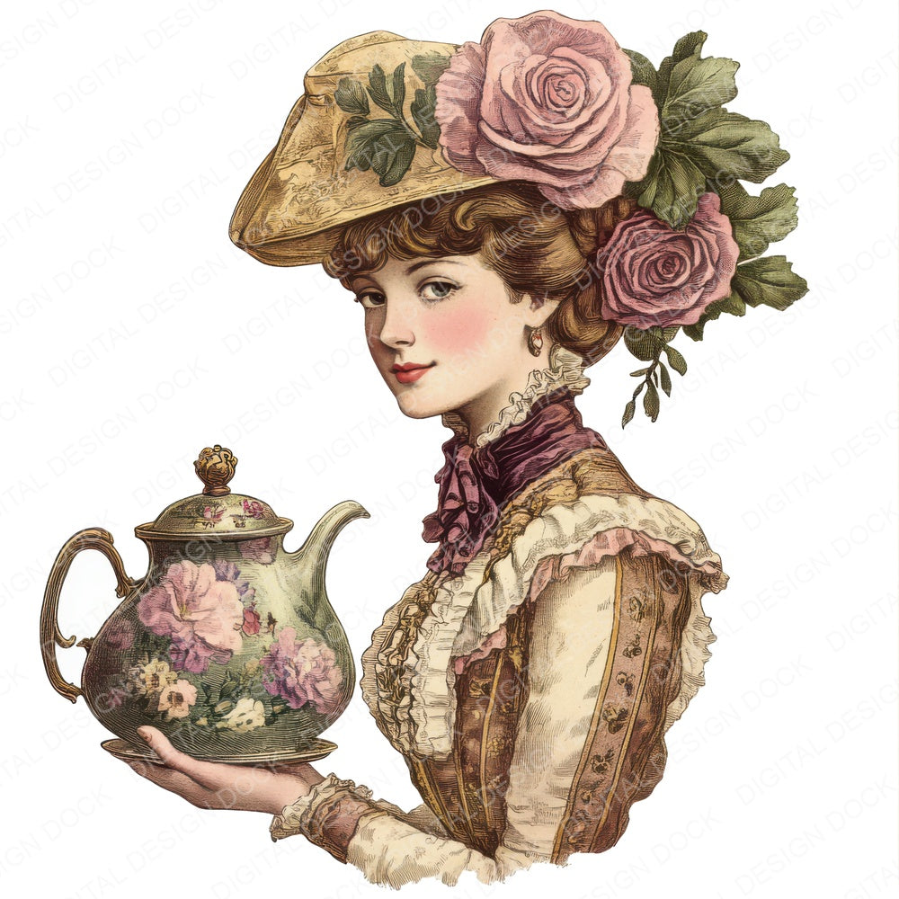 Victorian Woman Floral Teapot fussy cut sheet in US Letter format showing all 12 designs on one printable page