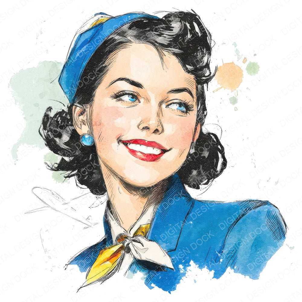 Vintage Air Hostess Woman fussy cut sheet in A4 format showing all 12 designs on one printable page
