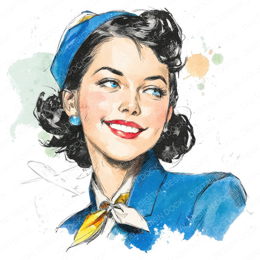 Vintage Air Hostess Woman fussy cut sheet in A4 format showing all 12 designs on one printable page