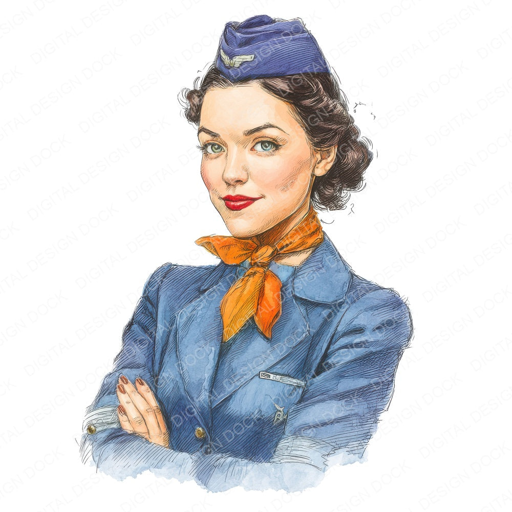Vintage Air Hostess Woman fussy cut sheet in US Letter format showing all 12 designs on one printable page