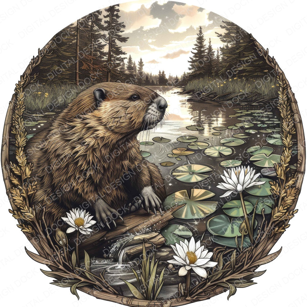 Vintage Beaver Stream Illustration fussy cut sheet in A4 format showing all 12 designs on one printable page