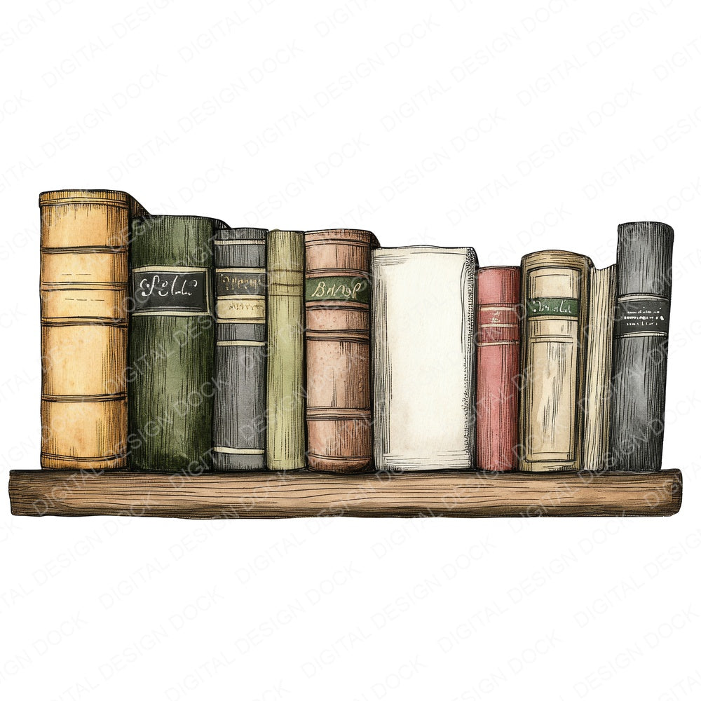 Vintage Book Shelf fussy cut sheet in US Letter format showing all 12 designs on one printable page