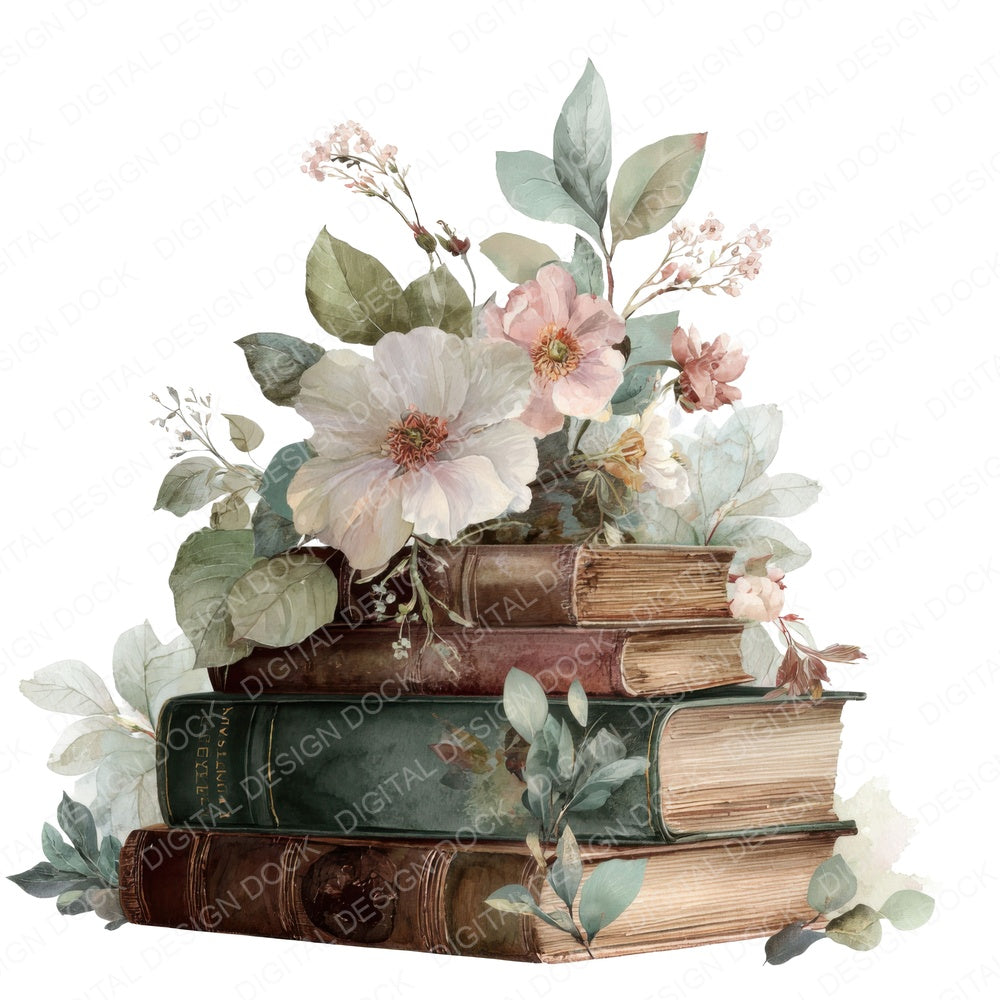 Vintage Books with Watercolour Flowers fussy cut sheet in US Letter format showing all 12 designs on one printable page