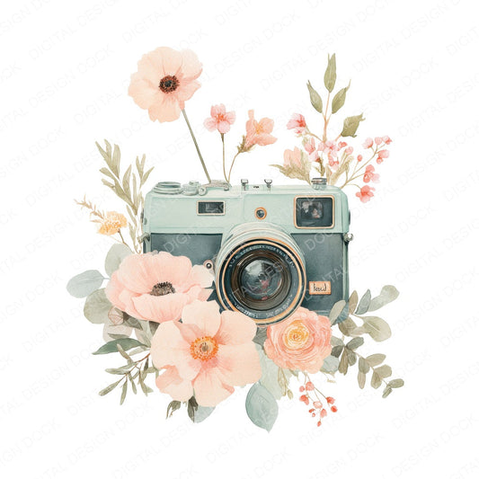 Vintage Camera with Flowers fussy cut sheet in A4 format showing all 12 designs on one printable page