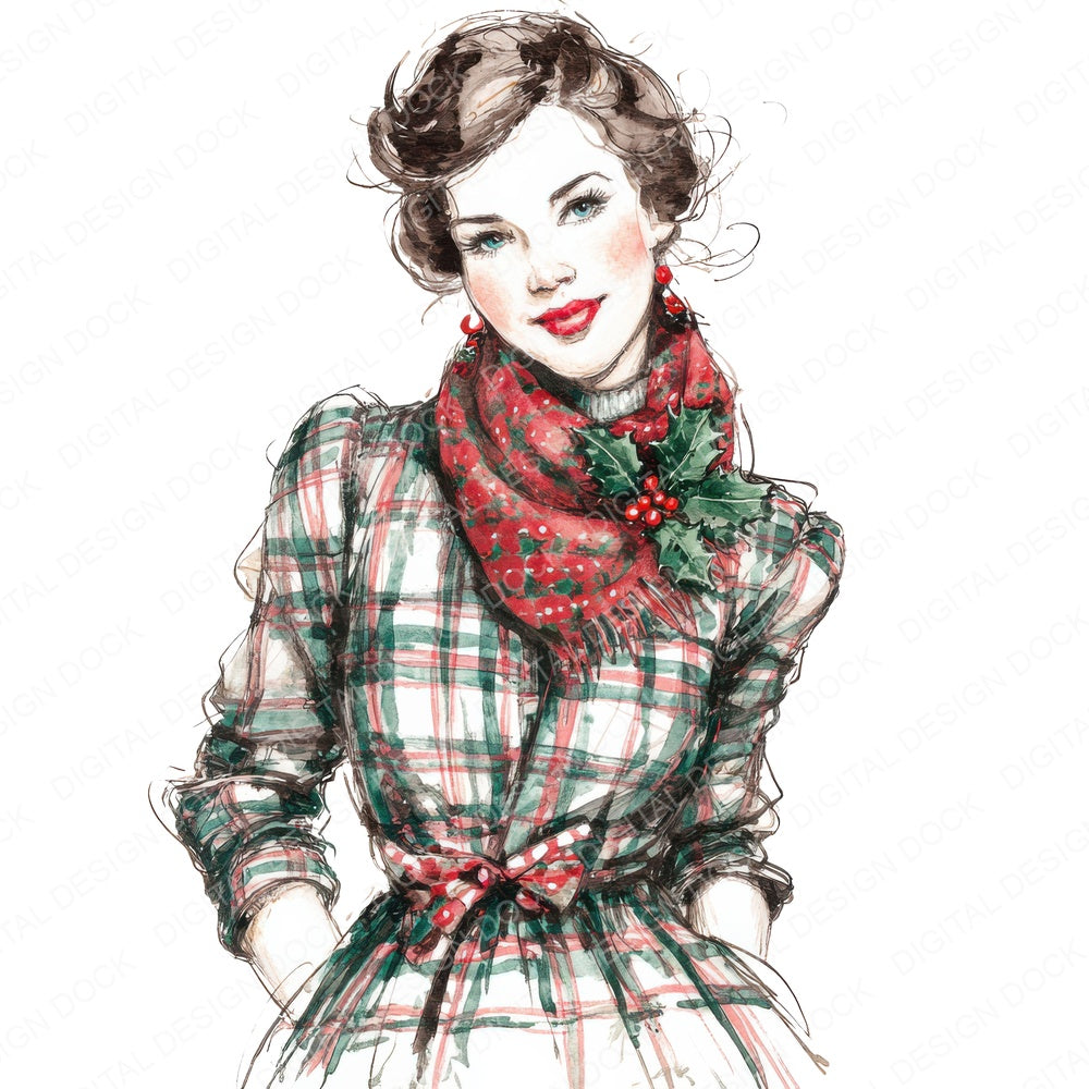 Vintage Christmas Woman Outfit fussy cut sheet in US Letter format showing all 12 designs on one printable page
